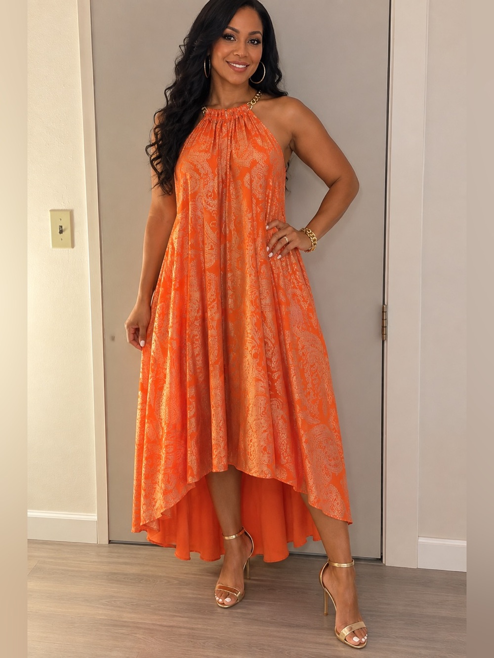 Orange Paisley Jacquard Women's dress